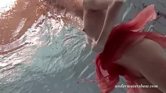 Play Katya Okuneva's Juicy Pussy and Big Hot Tits in Red Lingerie Underwater